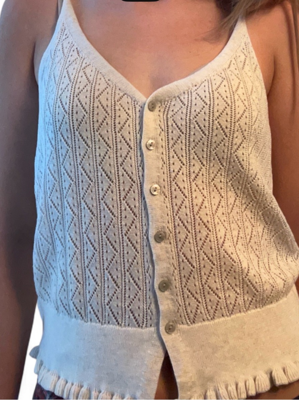 Women's Cream Pointelle Knit Button-Front Tank